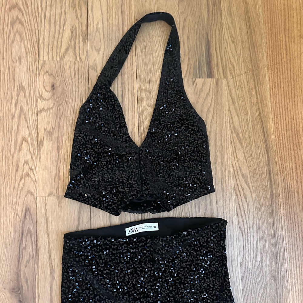 Zara Black Sequin Halter Top & Flared Pants Set - Picture 2 of 3